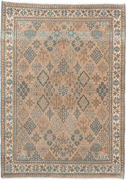3' x 5' one-of-a-kind handmade vintage Joshegan small size rug. Color palette: camel, sky blue, ivory, taupe, brown, beige
