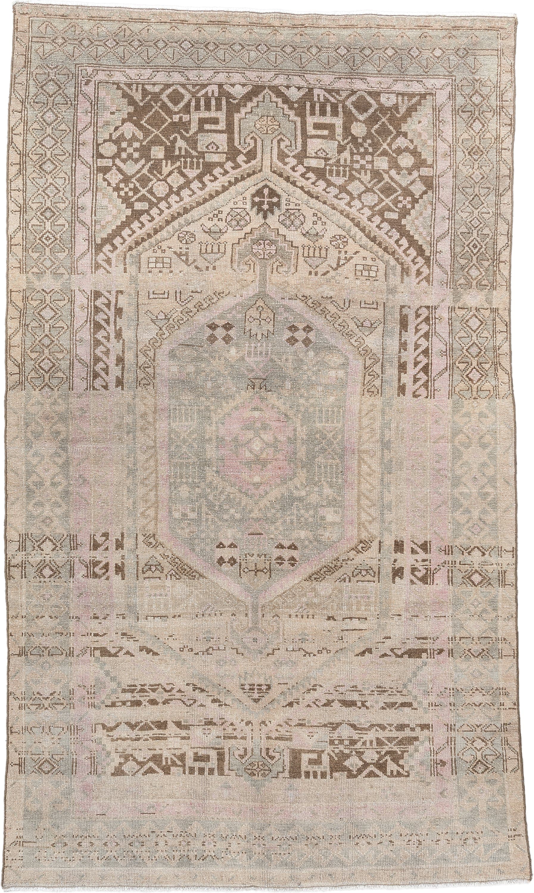 4' x 7' one-of-a-kind handmade antique Malayer medium size rug. Color palette: ivory, taupe, blush, pale blue, brown, sand