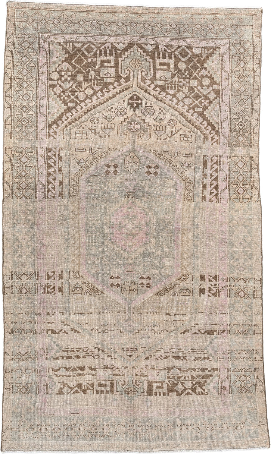 4' x 7' one-of-a-kind handmade antique Malayer medium size rug. Color palette: ivory, taupe, blush, pale blue, brown, sand