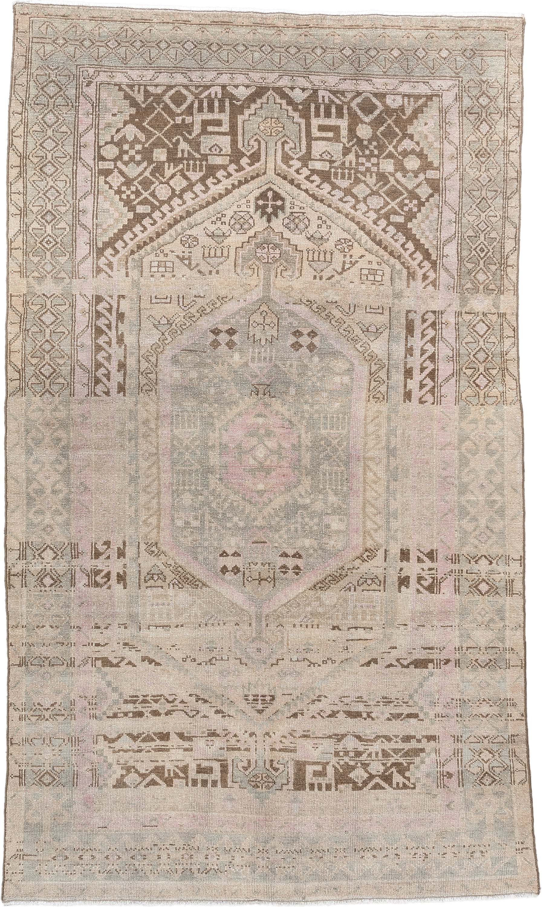 4' x 7' one-of-a-kind handmade antique Malayer medium size rug. Color palette: ivory, taupe, blush, pale blue, brown, sand
