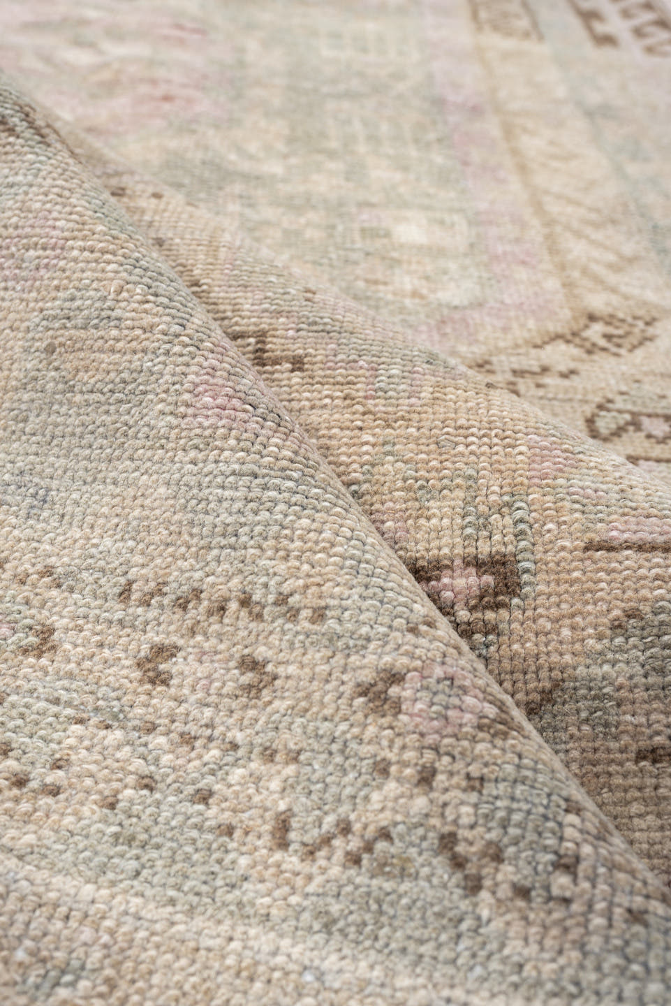 4' x 7' one-of-a-kind handmade antique Malayer medium size rug. Color palette: ivory, taupe, blush, pale blue, brown, sand