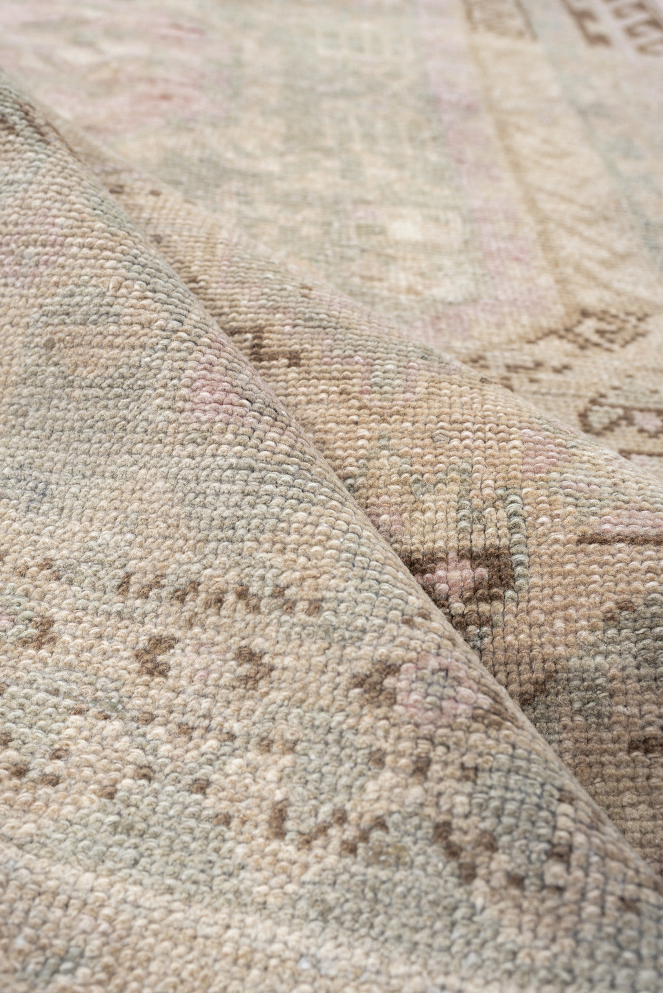 4' x 7' one-of-a-kind handmade antique Malayer medium size rug. Color palette: ivory, taupe, blush, pale blue, brown, sand