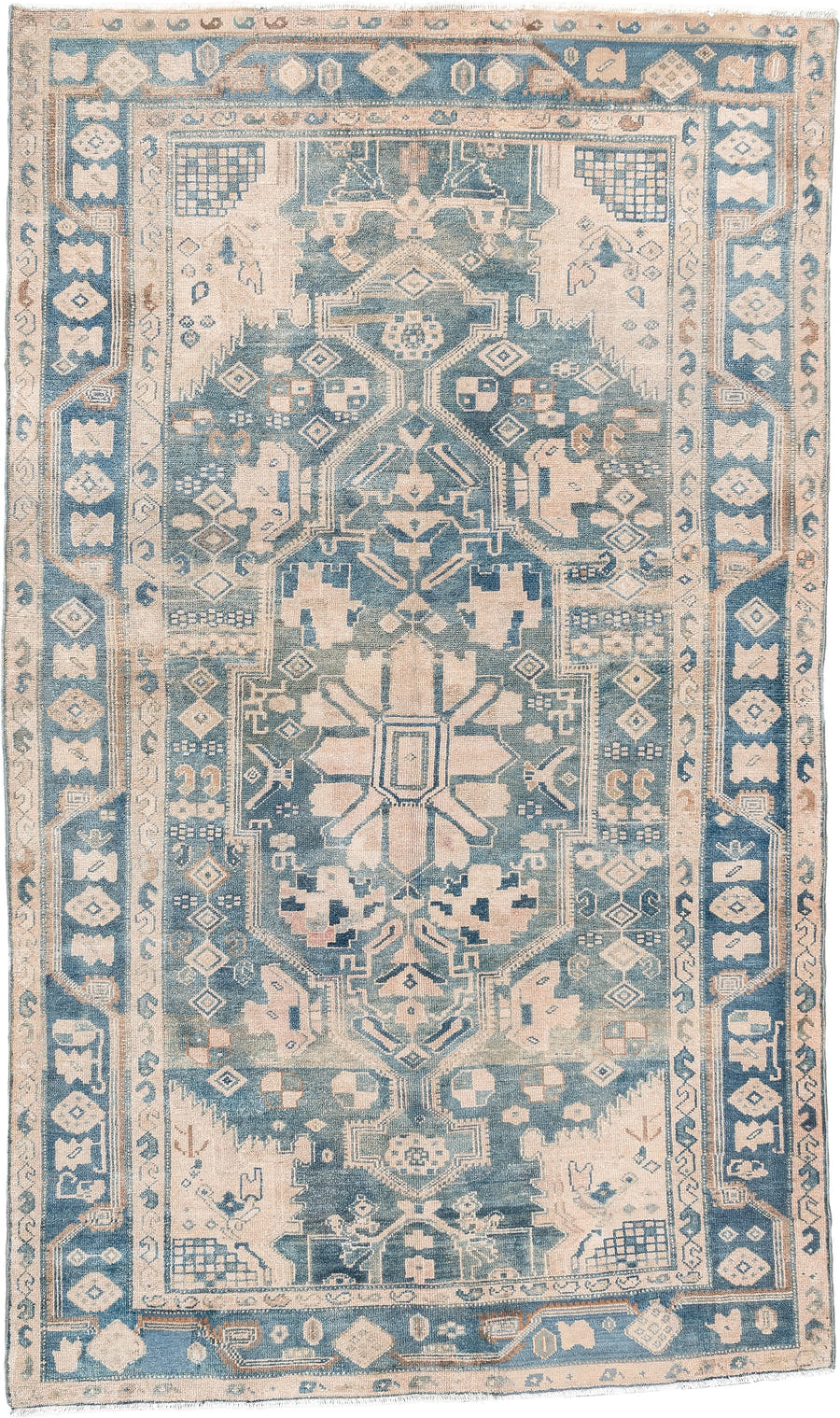 4' x 7' one-of-a-kind handmade antique Malayer rug. Color palette: blue, ivory, beige, taupe, camel, slate, gray