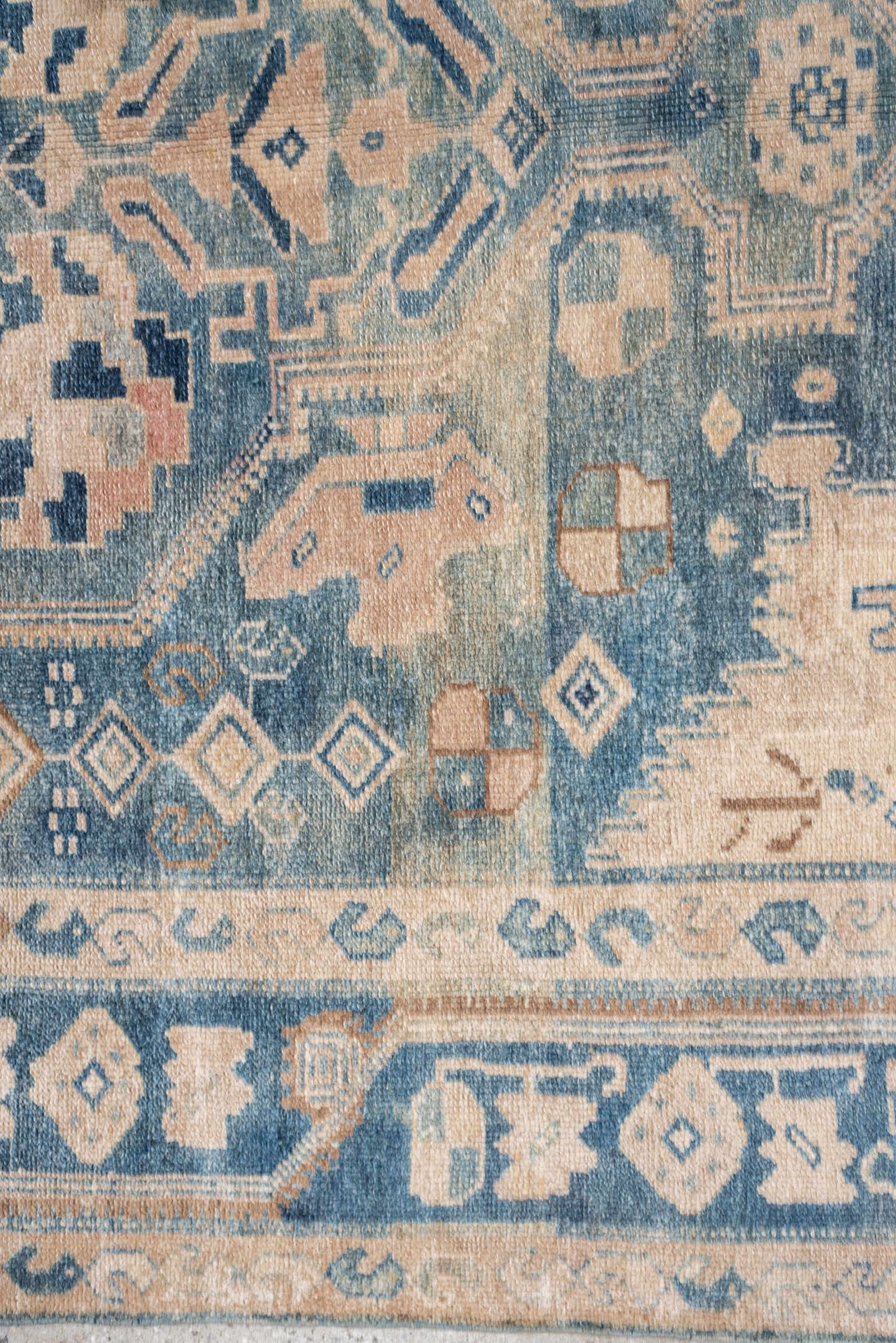 4' x 7' one-of-a-kind handmade antique Malayer rug. Color palette: blue, ivory, beige, taupe, camel, slate, gray