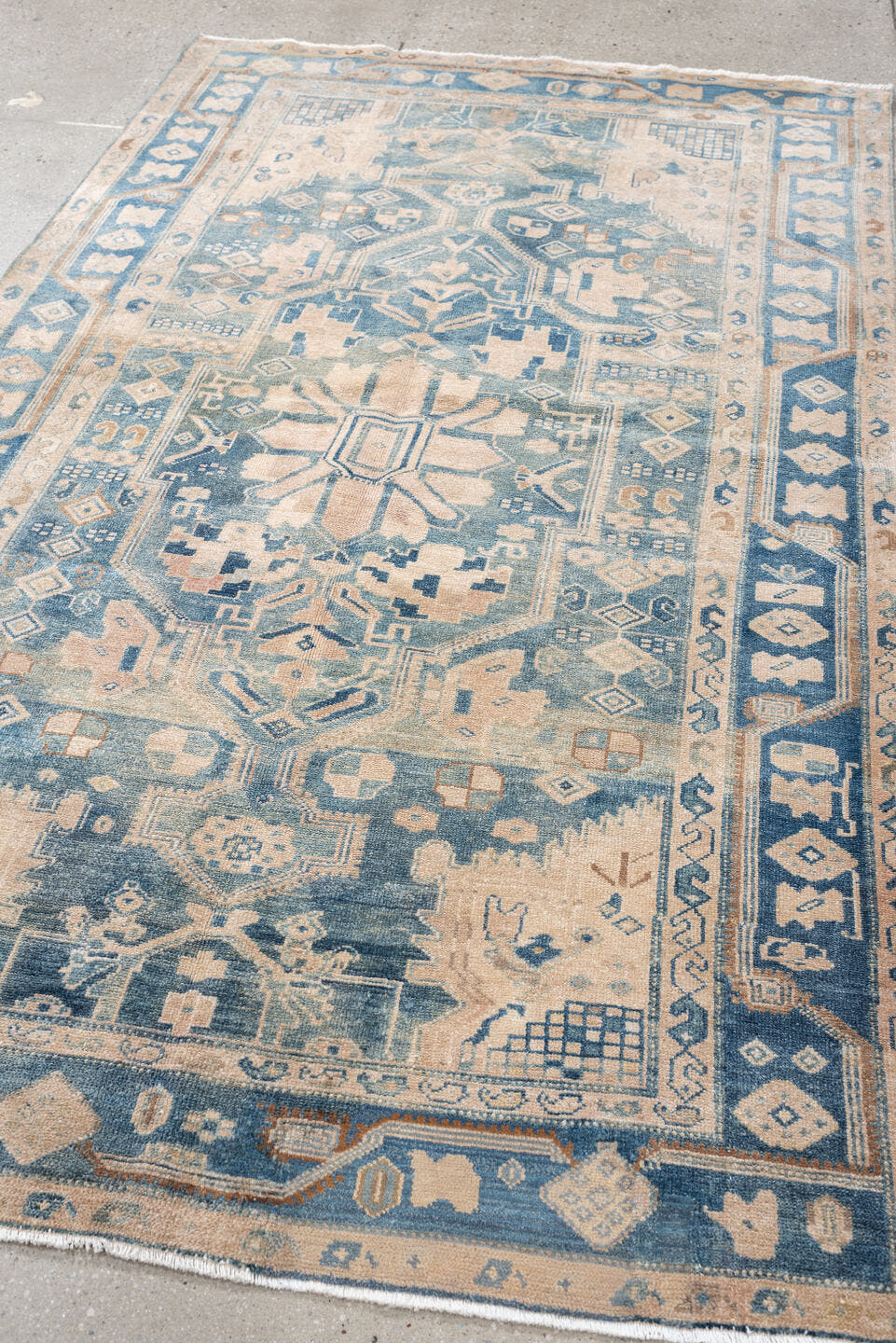 4' x 7' one-of-a-kind handmade antique Malayer rug. Color palette: blue, ivory, beige, taupe, camel, slate, gray