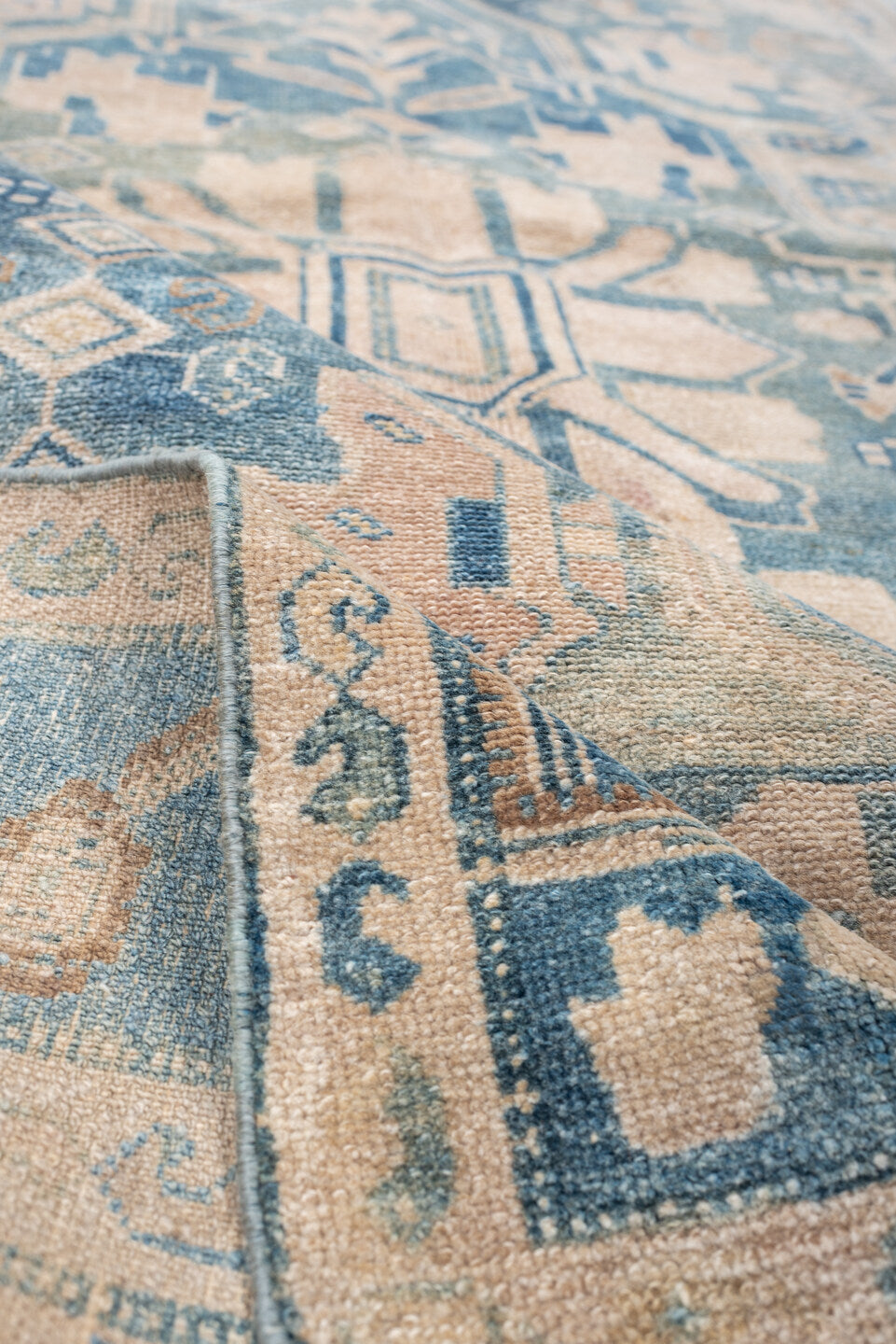 4' x 7' one-of-a-kind handmade antique Malayer rug. Color palette: blue, ivory, beige, taupe, camel, slate, gray