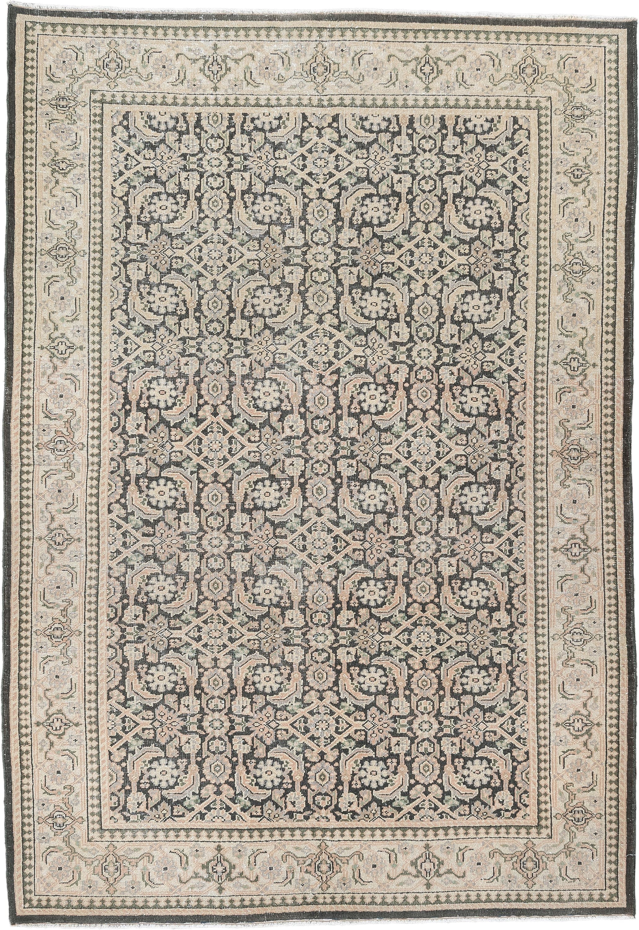 4' x 6' one-of-a-kind handmade antique Tabriz small size rug. Color palette: ivory, charcoal, sage, blush, taupe, black