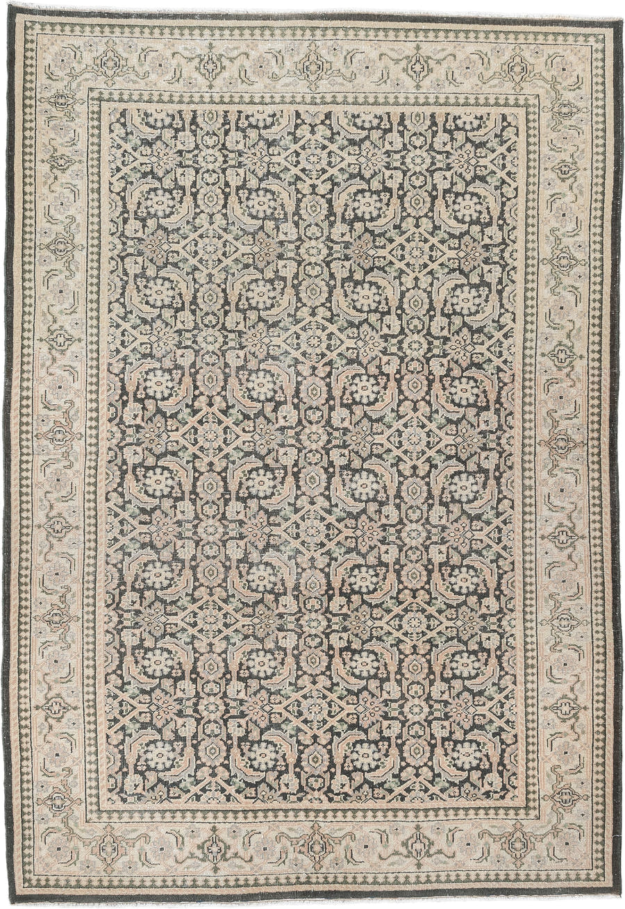 4' x 6' one-of-a-kind handmade antique Tabriz small size rug. Color palette: ivory, charcoal, sage, blush, taupe, black