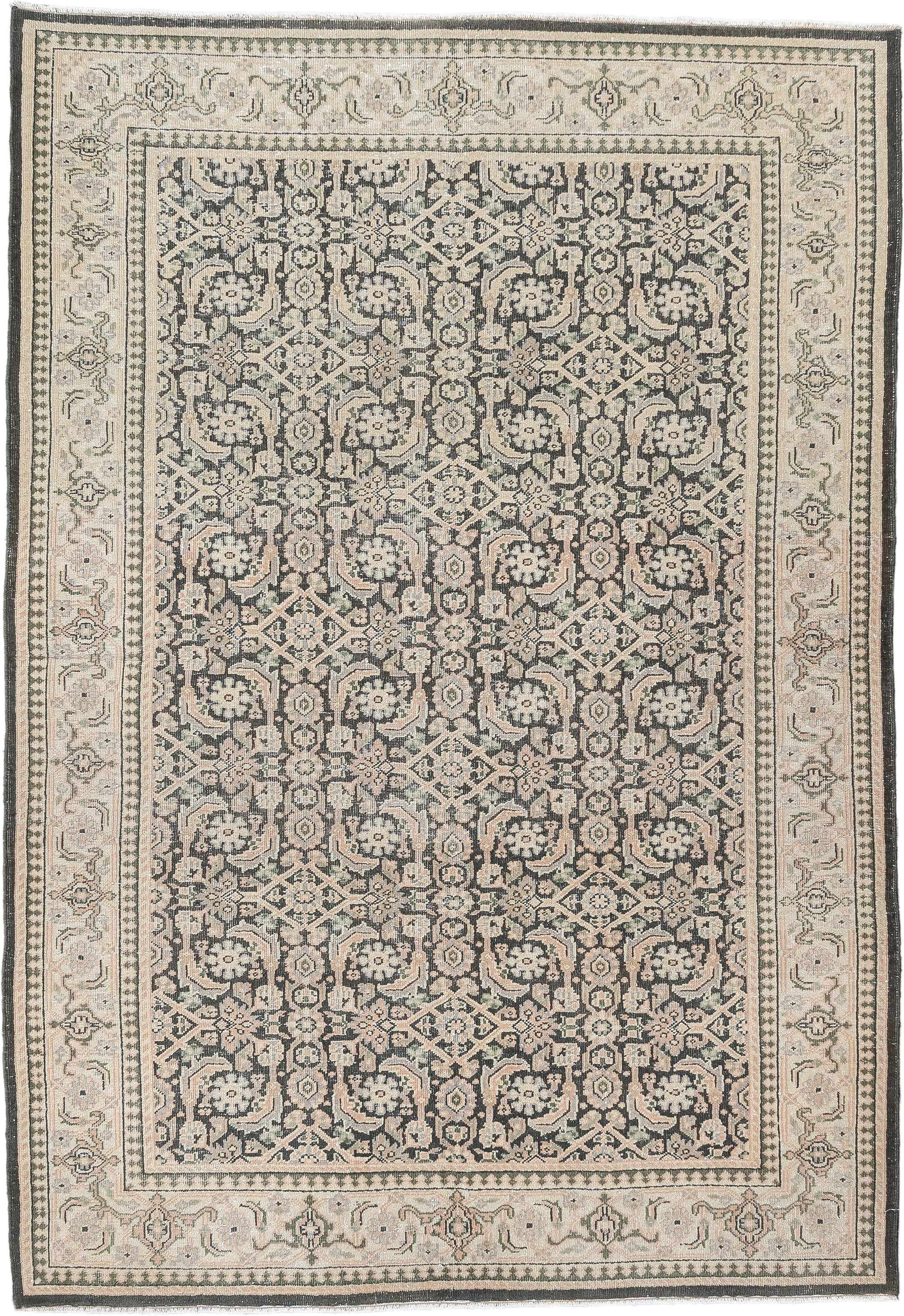 4' x 6' one-of-a-kind handmade antique Tabriz small size rug. Color palette: ivory, charcoal, sage, blush, taupe, black