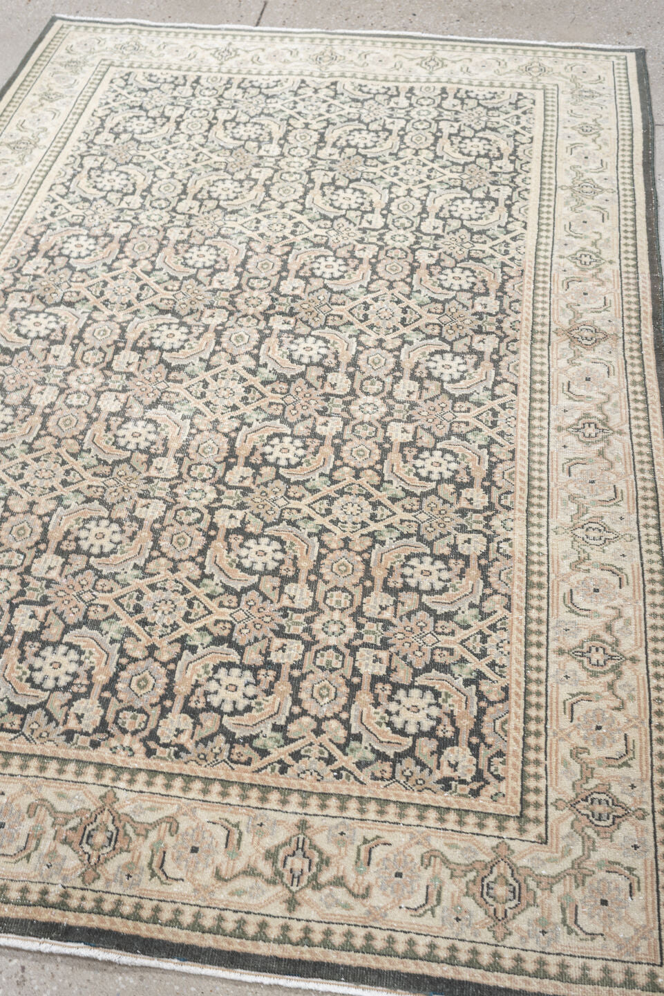 4' x 6' one-of-a-kind handmade antique Tabriz small size rug. Color palette: ivory, charcoal, sage, blush, taupe, black