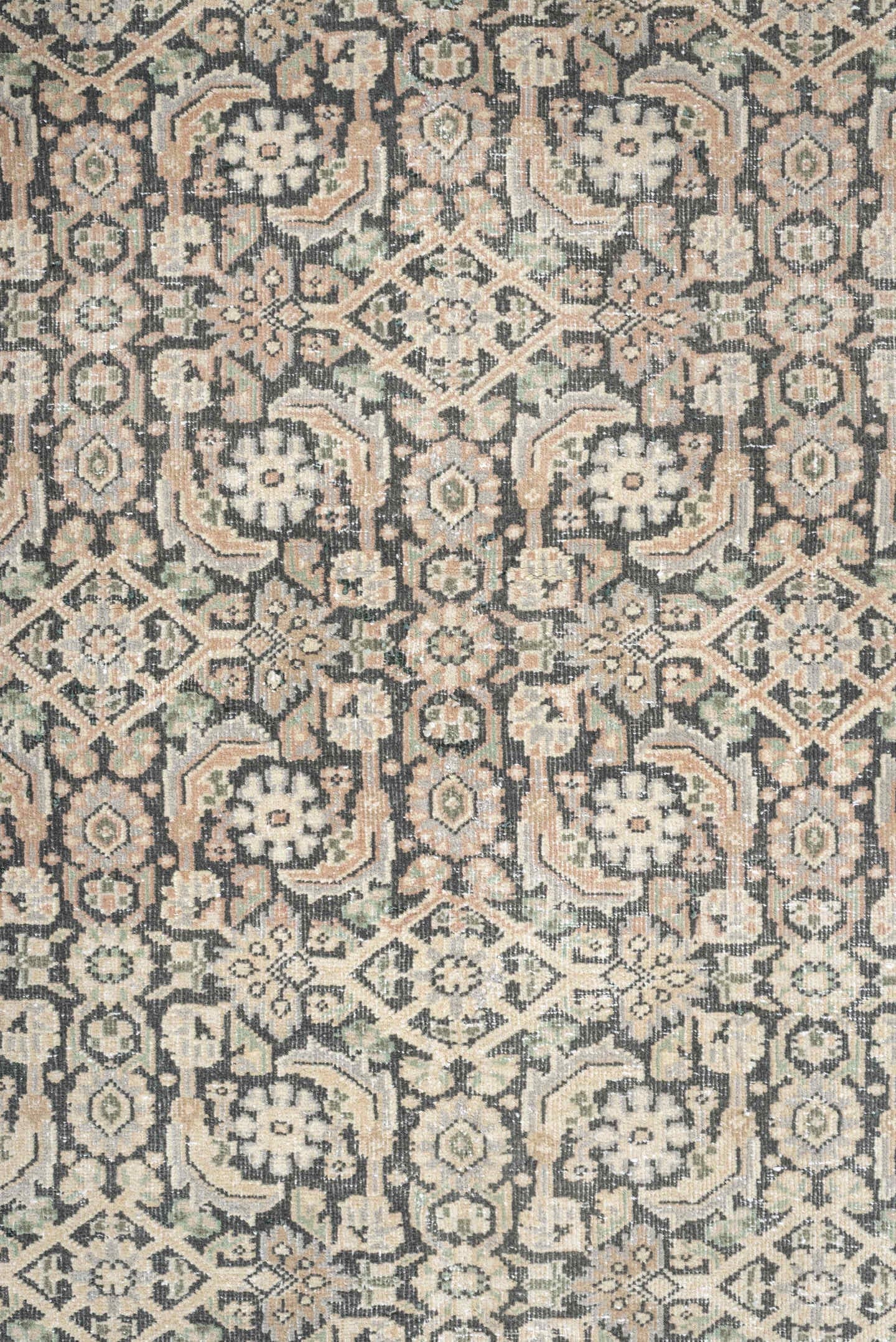 4' x 6' one-of-a-kind handmade antique Tabriz small size rug. Color palette: ivory, charcoal, sage, blush, taupe, black