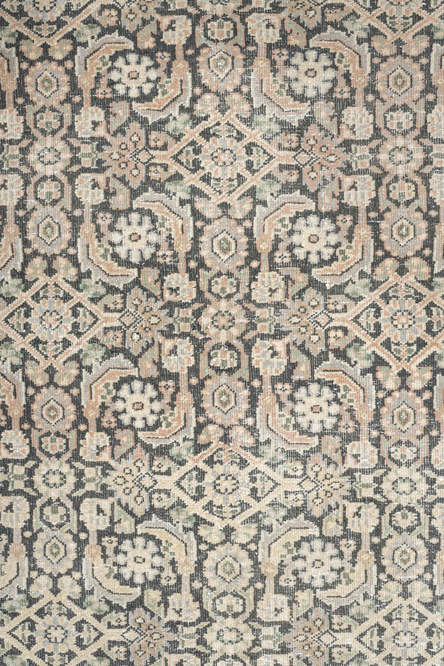 4' x 6' one-of-a-kind handmade antique Tabriz small size rug. Color palette: ivory, charcoal, sage, blush, taupe, black