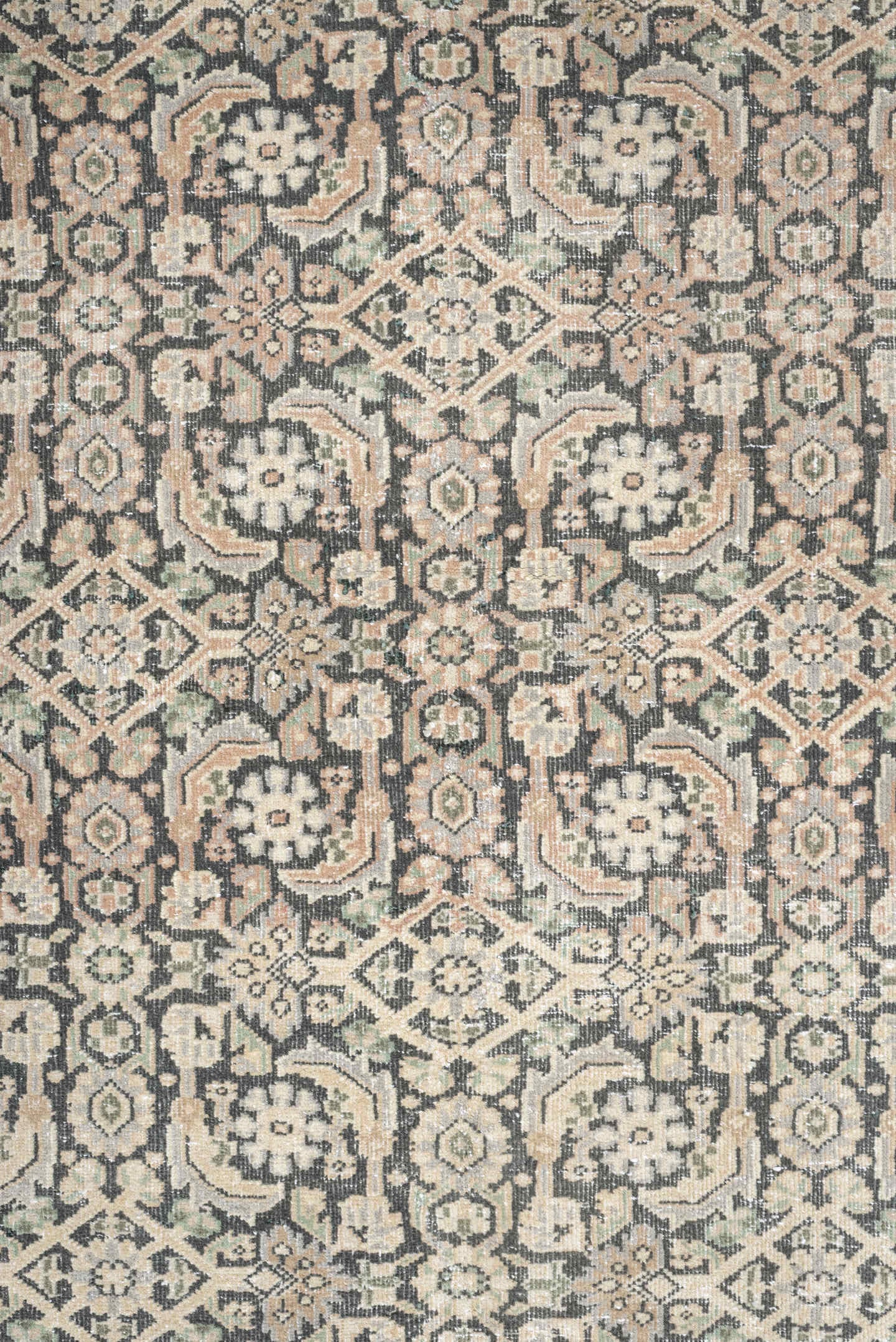 4' x 6' one-of-a-kind handmade antique Tabriz small size rug. Color palette: ivory, charcoal, sage, blush, taupe, black