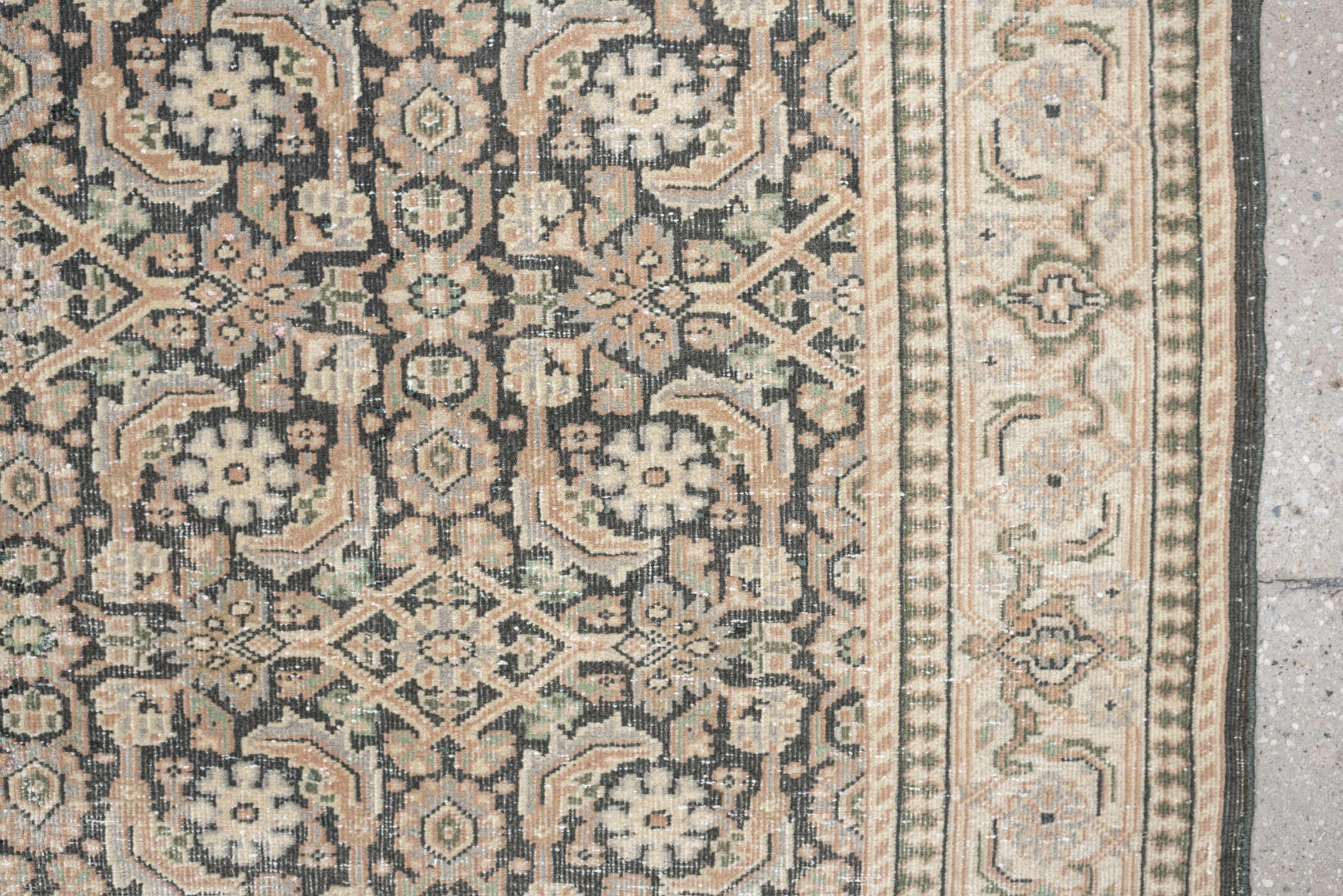4' x 6' one-of-a-kind handmade antique Tabriz small size rug. Color palette: ivory, charcoal, sage, blush, taupe, black