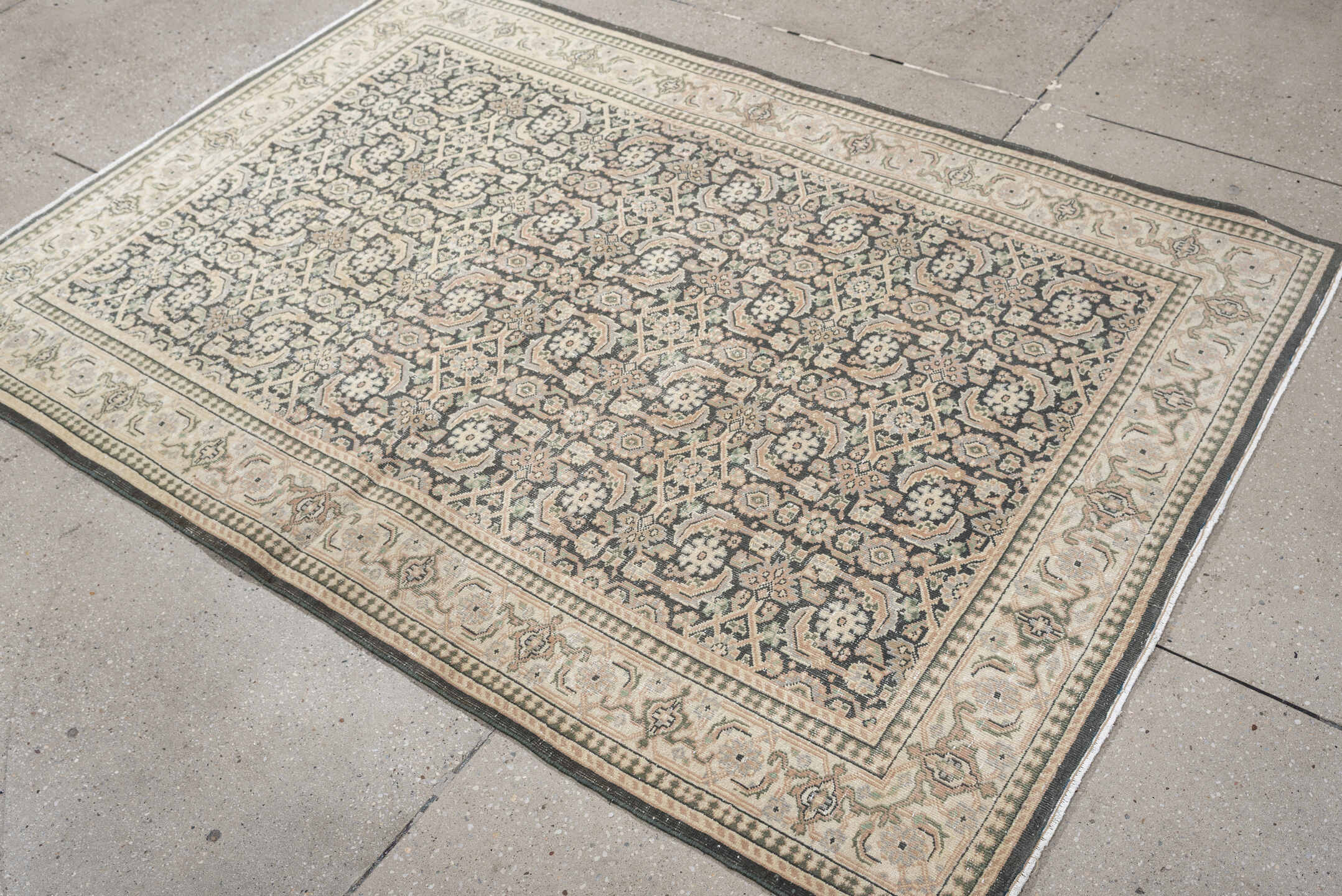 4' x 6' one-of-a-kind handmade antique Tabriz small size rug. Color palette: ivory, charcoal, sage, blush, taupe, black