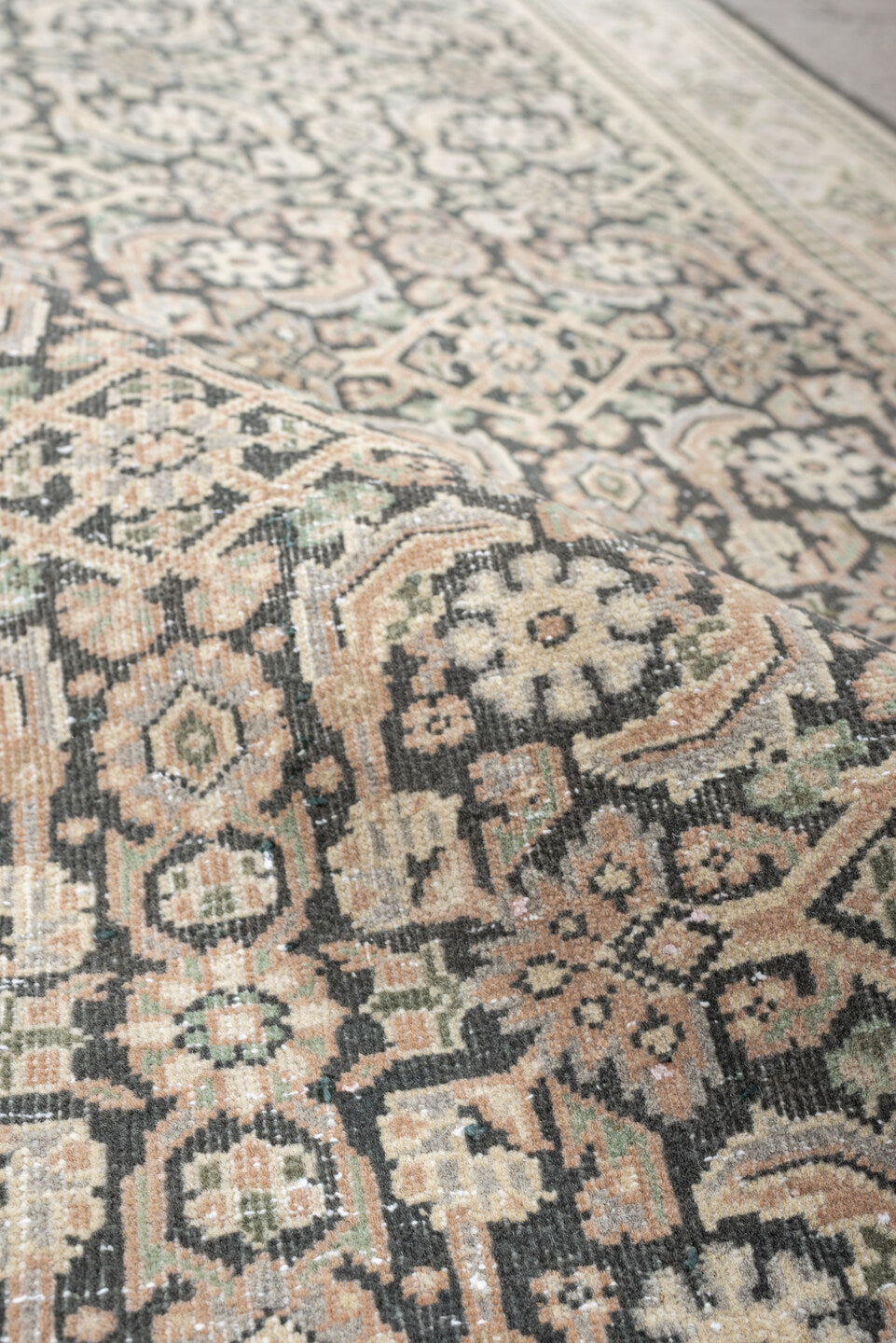 4' x 6' one-of-a-kind handmade antique Tabriz small size rug. Color palette: ivory, charcoal, sage, blush, taupe, black