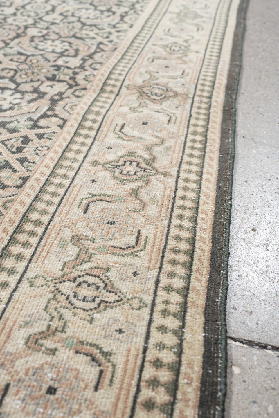 4' x 6' one-of-a-kind handmade antique Tabriz small size rug. Color palette: ivory, charcoal, sage, blush, taupe, black