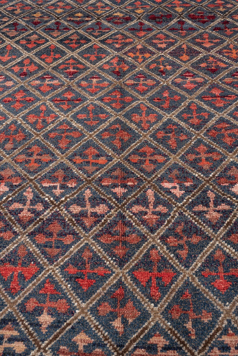 10' x 13' one-of-a-kind handmade vintage Kars large size rug. Color palette: navy, ivory, rust, coral, taupe, brown