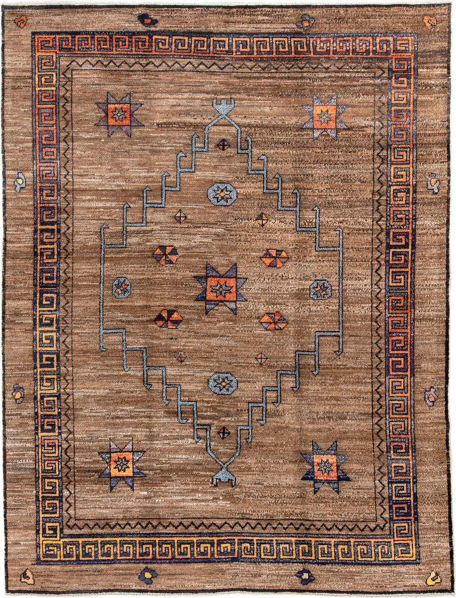 8' x 10' one-of-a-kind handmade vintage Kars large size rug. Color palette: camel, navy, terracotta, rust, slate, ivory
