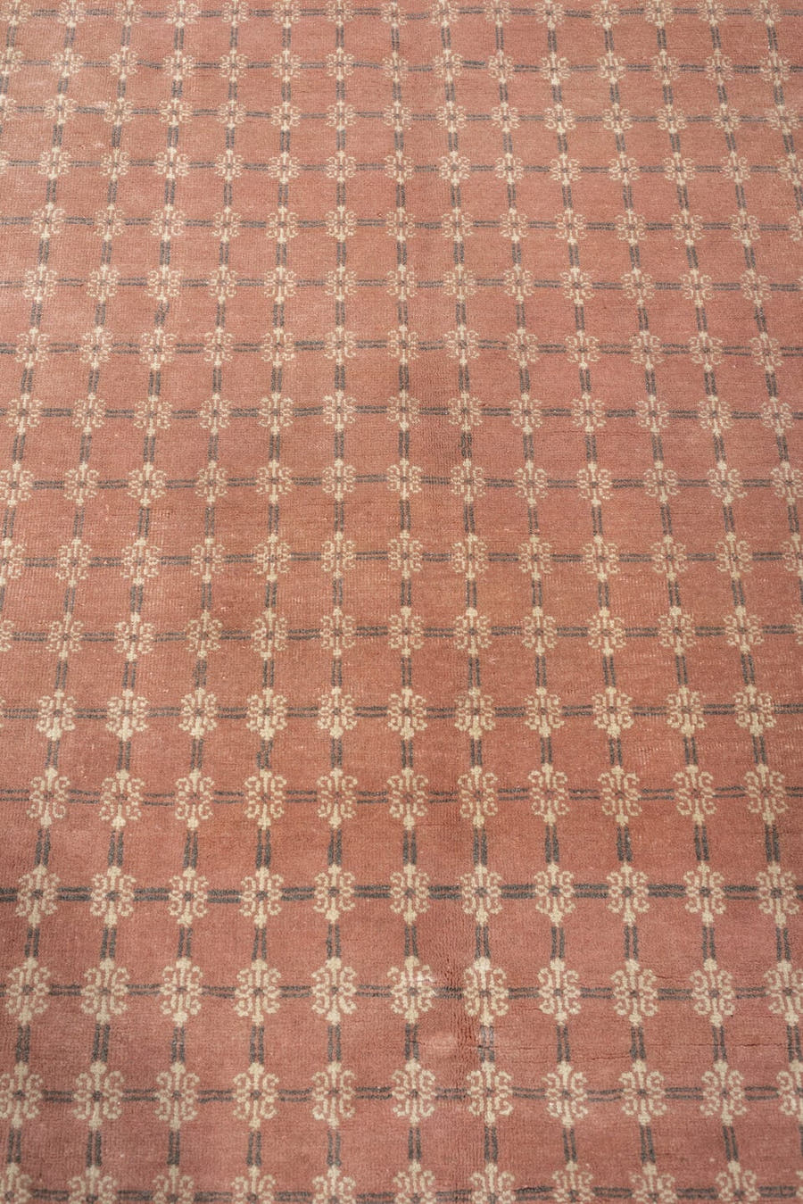 6' x 9' one-of-a-kind handmade vintage Sparta large size rug. Color palette: rose, ivory, taupe, dusty pink, beige, charcoal