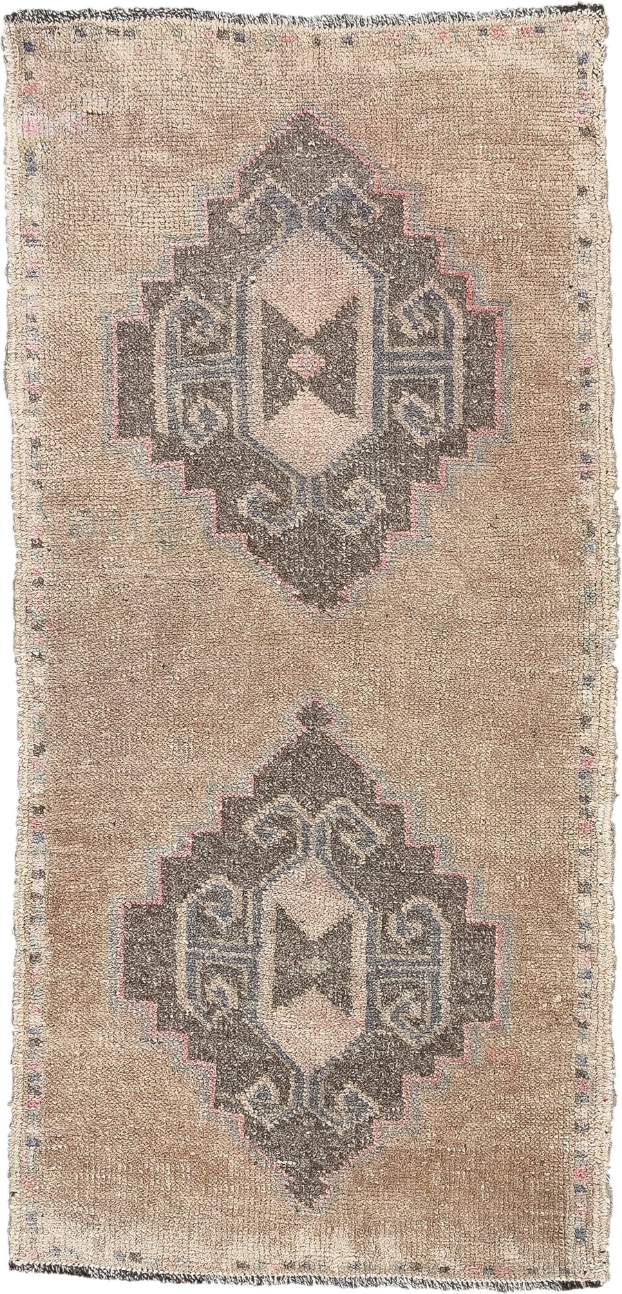 1' x 3' one-of-a-kind handmade vintage Oushak small size rug. Color palette: camel, taupe, charcoal, ivory, faded rose