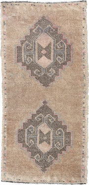 1' x 3' one-of-a-kind handmade vintage Oushak small size rug. Color palette: camel, taupe, charcoal, ivory, faded rose