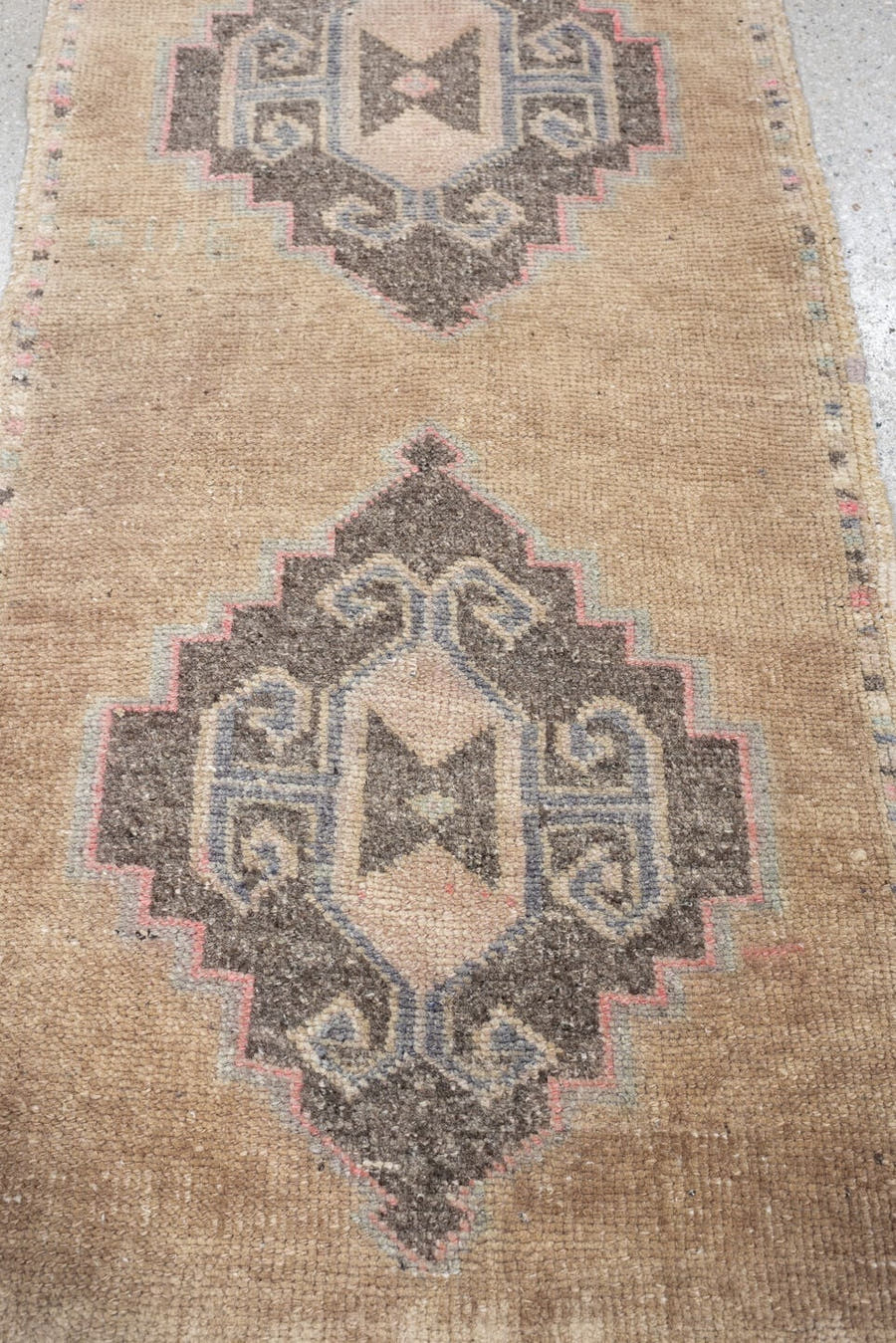 1' x 3' one-of-a-kind handmade vintage Oushak small size rug. Color palette: camel, taupe, charcoal, ivory, faded rose