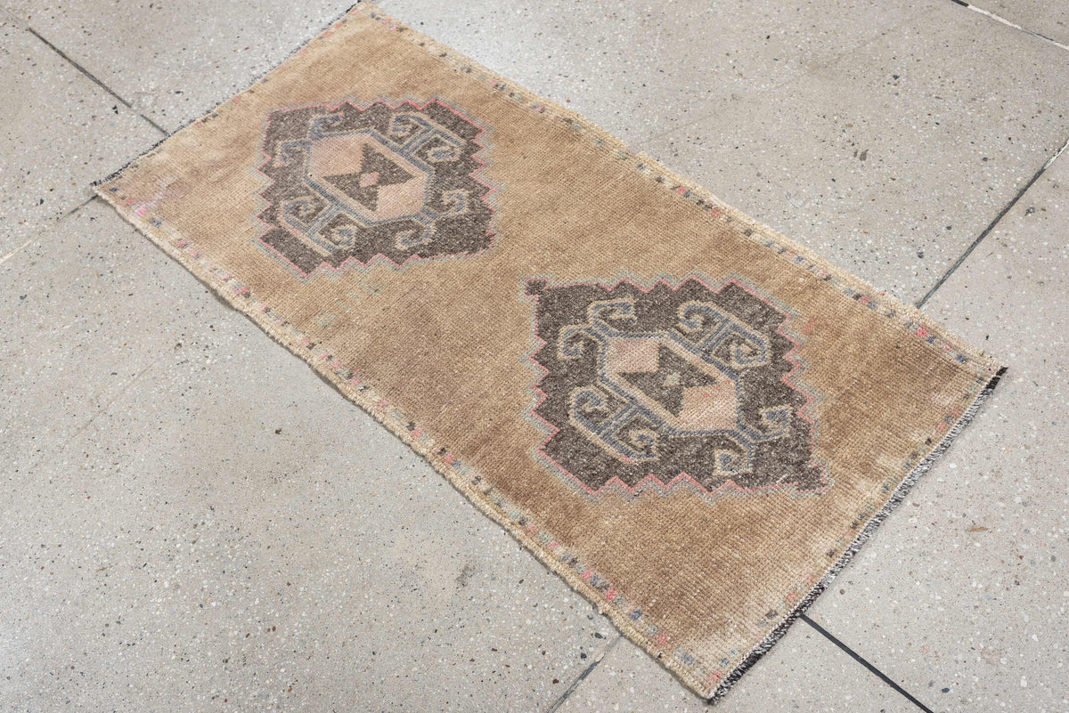 1' x 3' one-of-a-kind handmade vintage Oushak small size rug. Color palette: camel, taupe, charcoal, ivory, faded rose