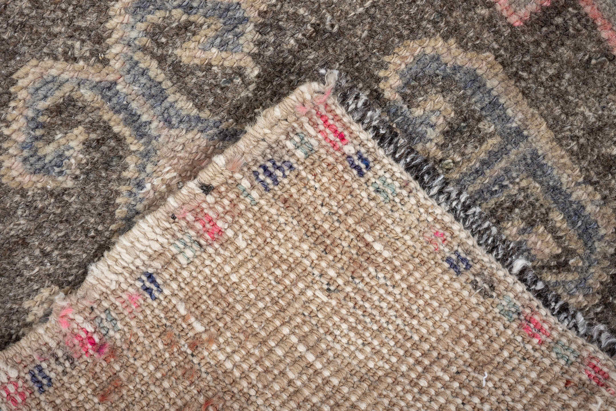 1' x 3' one-of-a-kind handmade vintage Oushak small size rug. Color palette: camel, taupe, charcoal, ivory, faded rose