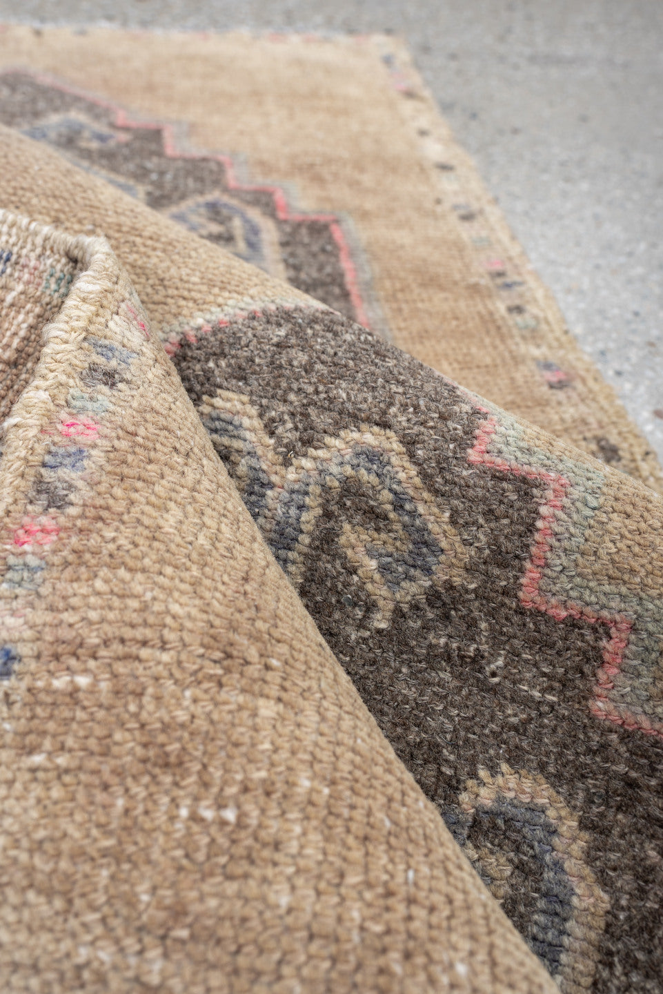 1' x 3' one-of-a-kind handmade vintage Oushak small size rug. Color palette: camel, taupe, charcoal, ivory, faded rose