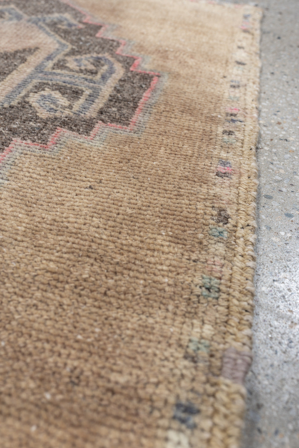 1' x 3' one-of-a-kind handmade vintage Oushak small size rug. Color palette: camel, taupe, charcoal, ivory, faded rose