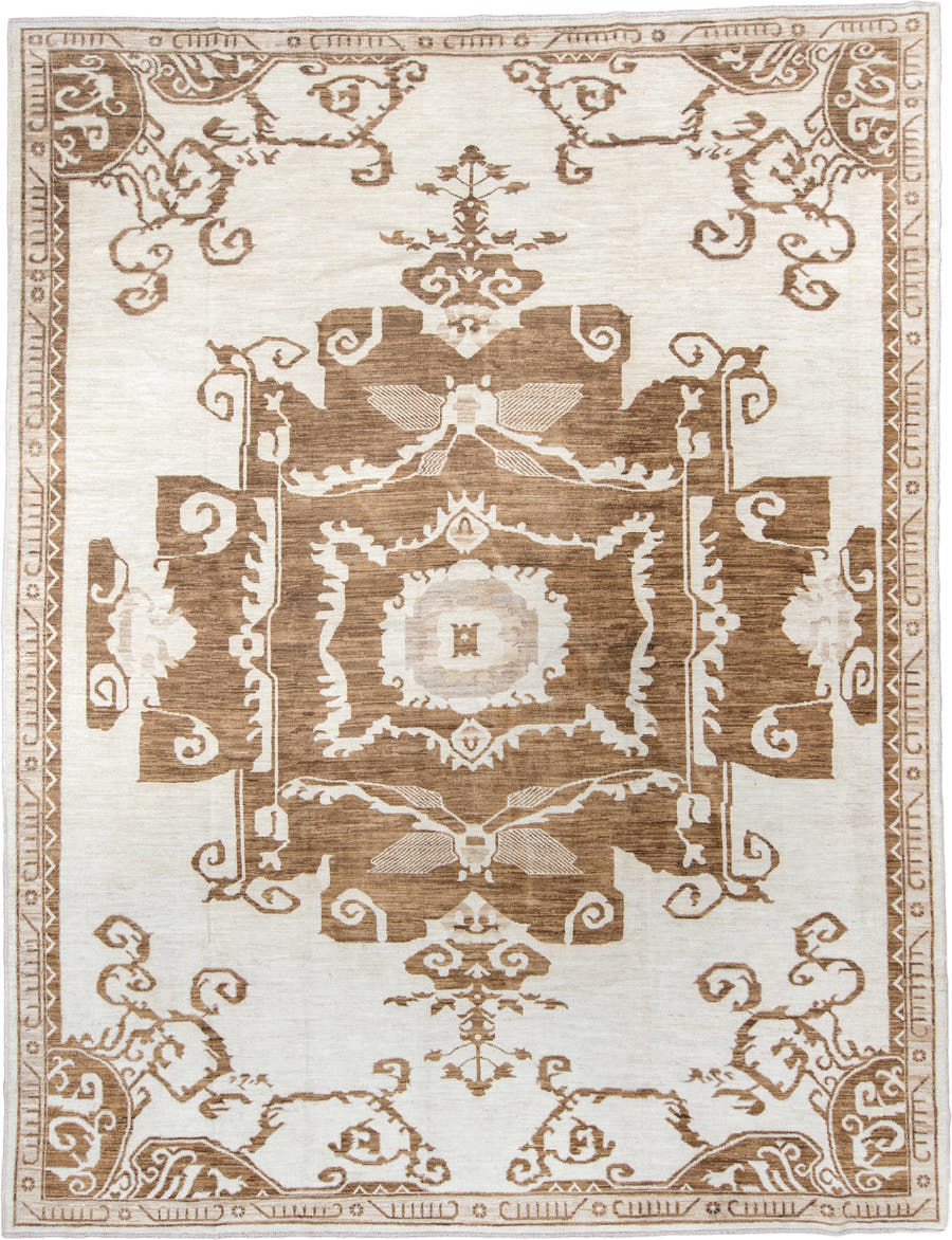 11' x 14' one-of-a-kind handmade vintage Kars oversize rug. Color palette: ivory, taupe, camel, beige, brown, gray
