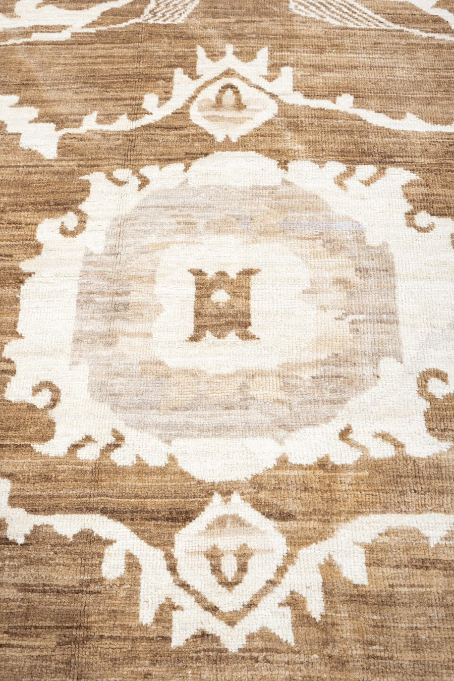 11' x 14' one-of-a-kind handmade vintage Kars oversize rug. Color palette: ivory, taupe, camel, beige, brown, gray
