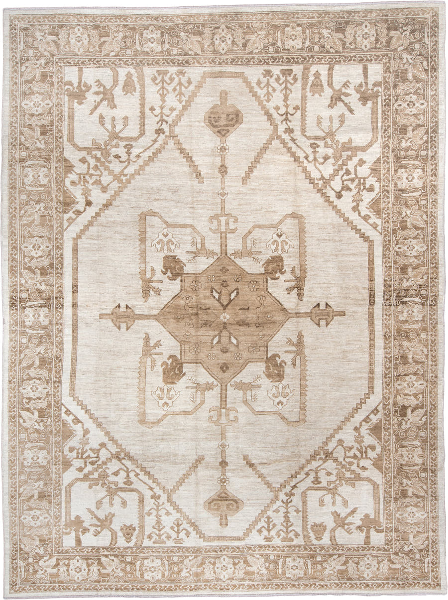 11' x 15' one-of-a-kind handmade vintage Kars oversize rug. Color palette: ivory, beige, taupe, camel, soft brown, sand
