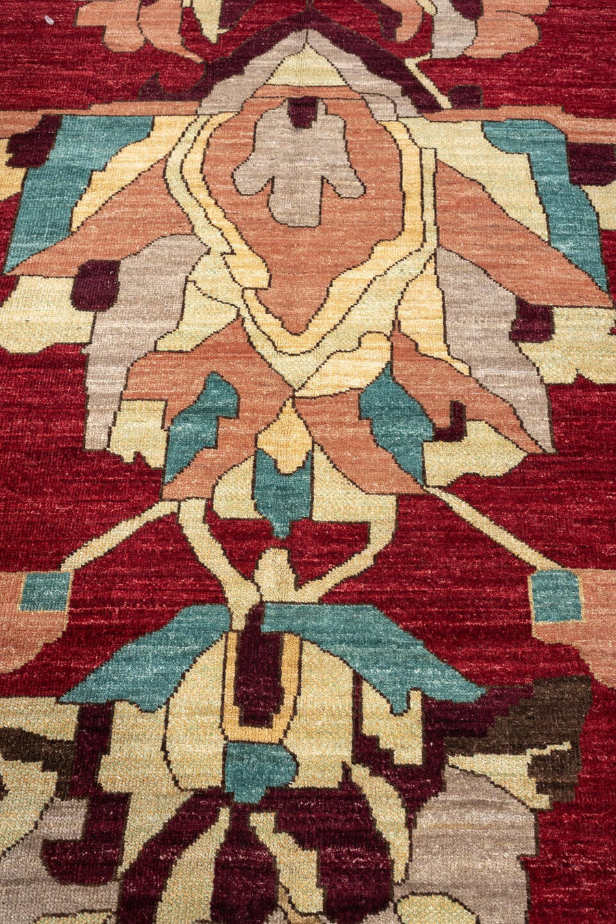 9' x 12' one-of-a-kind handmade vintage Afghan large size rug. Color palette: navy, rust, ivory, burgundy, blush, teal