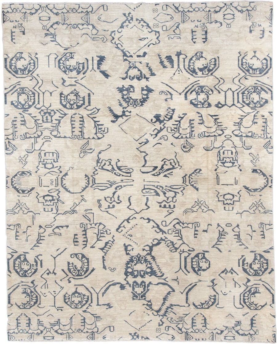 9' x 12' one-of-a-kind handmade vintage Karabagh large size rug. Color palette: ivory, slate blue, blue gray, taupe