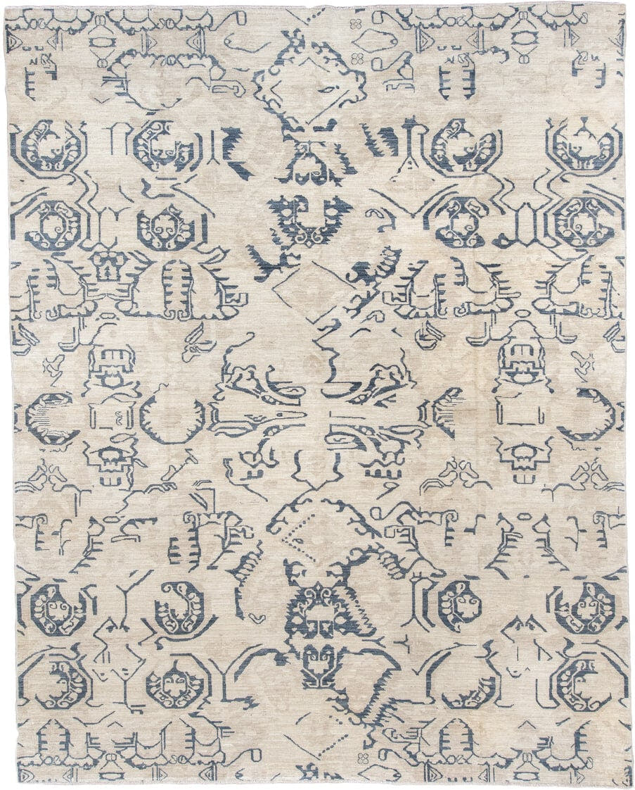 9' x 12' one-of-a-kind handmade vintage Karabagh large size rug. Color palette: ivory, slate blue, blue gray, taupe
