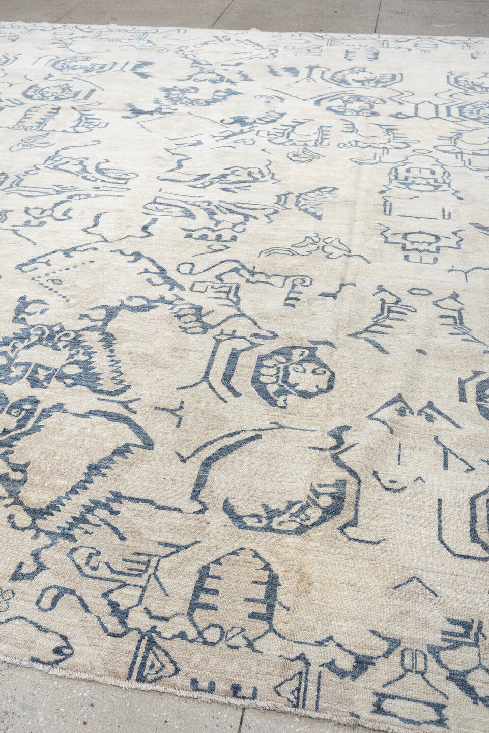9' x 12' one-of-a-kind handmade vintage Karabagh large size rug. Color palette: ivory, slate blue, blue gray, taupe