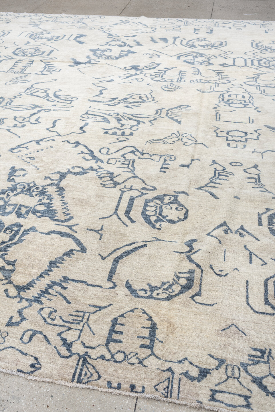 9' x 12' one-of-a-kind handmade vintage Karabagh large size rug. Color palette: ivory, slate blue, blue gray, taupe