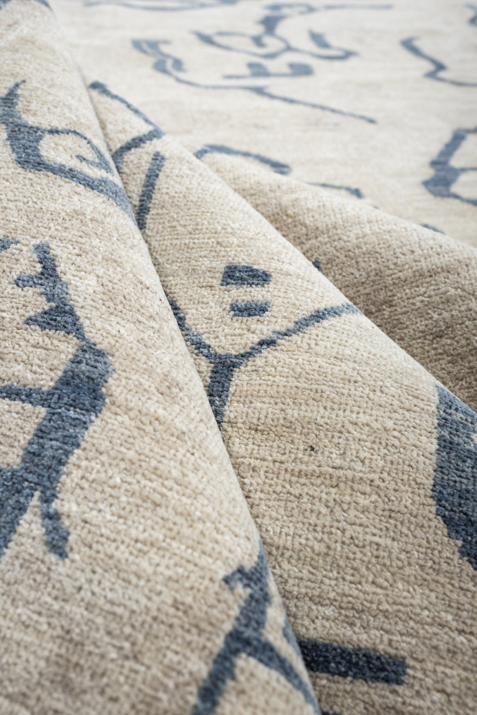 9' x 12' one-of-a-kind handmade vintage Karabagh large size rug. Color palette: ivory, slate blue, blue gray, taupe
