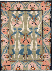 9' x 12' one-of-a-kind handmade vintage Afghan large size rug. Color palette: sage, salmon pink, ivory, blue gray, navy