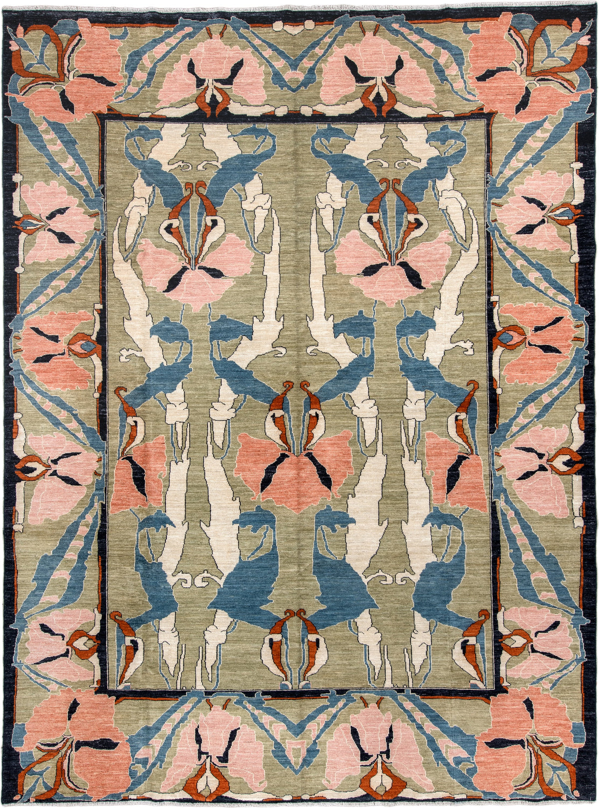 9' x 12' one-of-a-kind handmade vintage Afghan large size rug. Color palette: sage, salmon pink, ivory, blue gray, navy