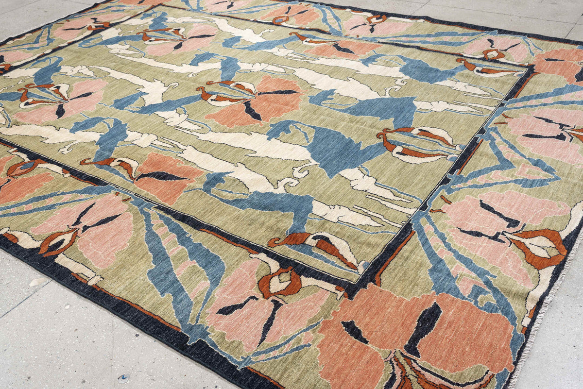 9' x 12' one-of-a-kind handmade vintage Afghan large size rug. Color palette: sage, salmon pink, ivory, blue gray, navy