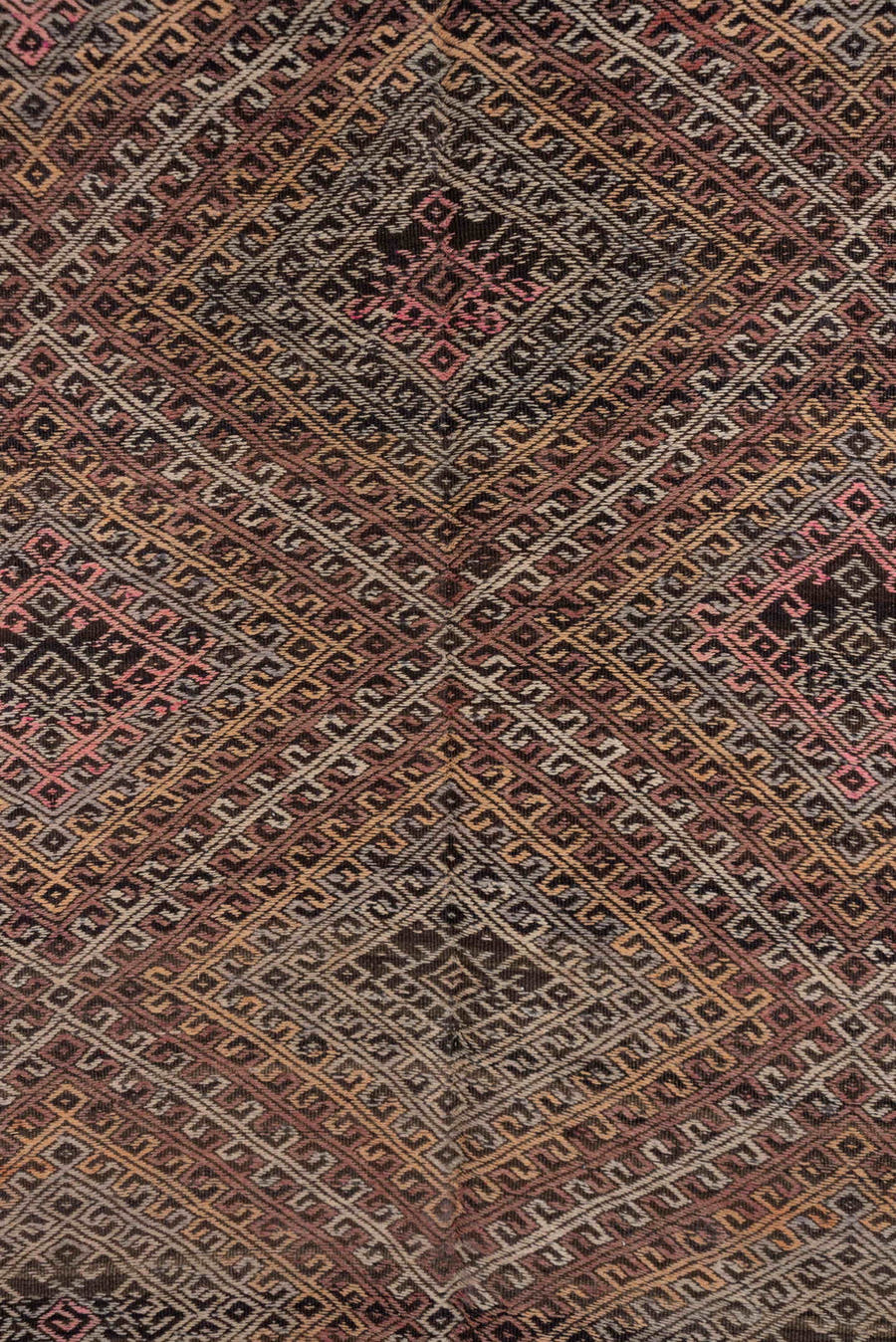 8' x 11' one-of-a-kind handmade antique Mir large size rug. Color palette: taupe, camel, charcoal, muted rose, rust, ivory