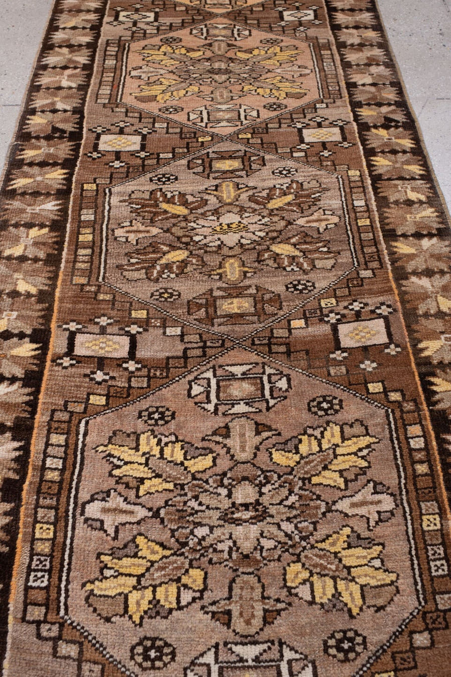 2' x 13' one-of-a-kind handmade antique Anatolian runner rug. Color palette: camel, brown, ivory, saffron, taupe, rose