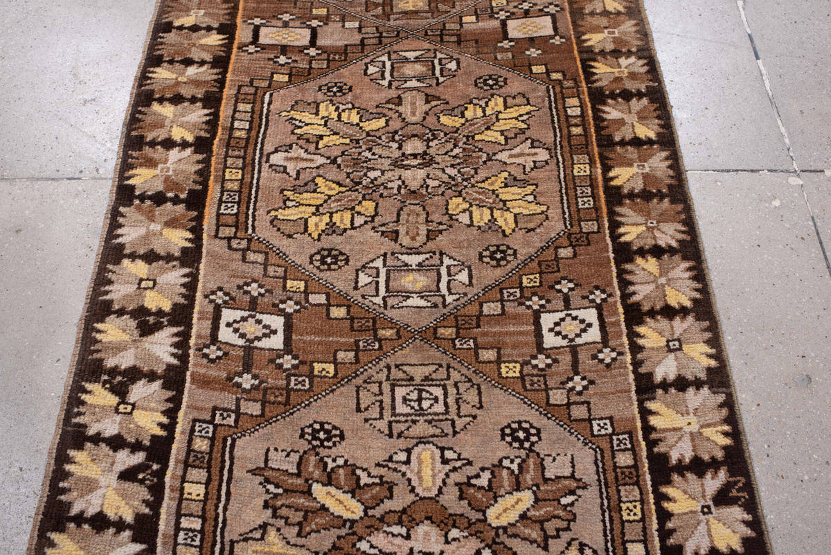 2' x 13' one-of-a-kind handmade antique Anatolian runner rug. Color palette: camel, brown, ivory, saffron, taupe, rose