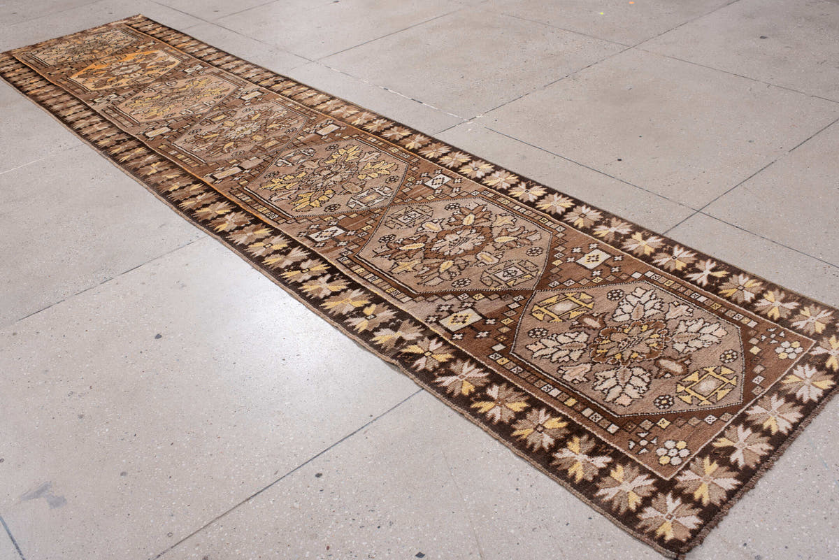 2' x 13' one-of-a-kind handmade antique Anatolian runner rug. Color palette: camel, brown, ivory, saffron, taupe, rose