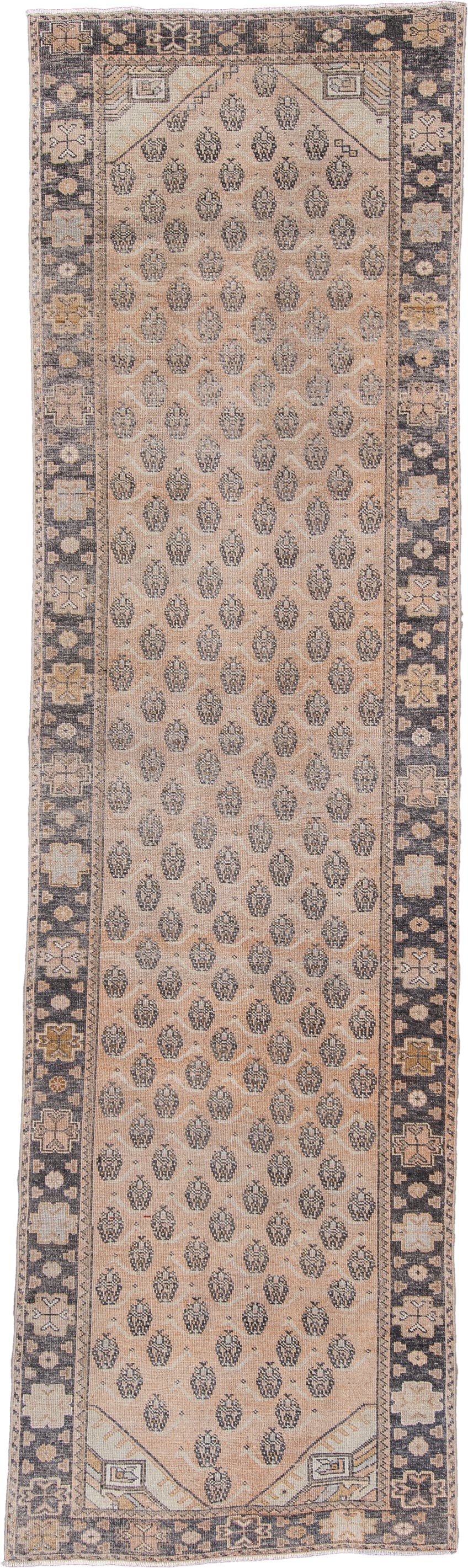 3' x 12' one-of-a-kind handmade antique Anatolian runner rug. Color palette: camel, charcoal, ivory, taupe, tan, slate