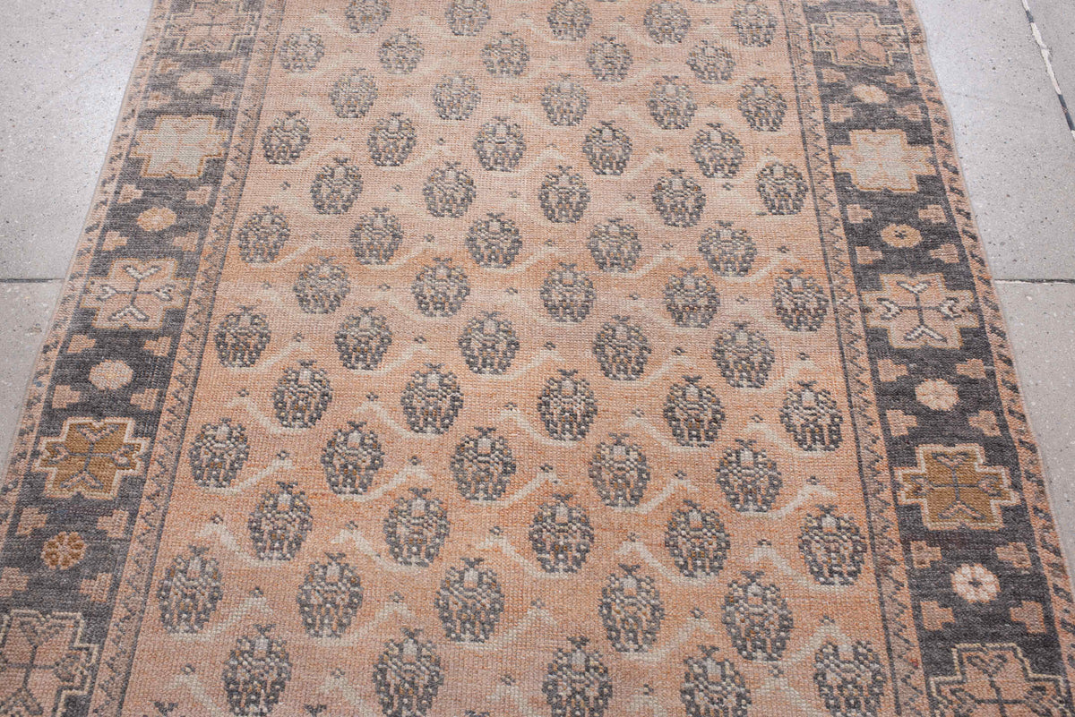 3' x 12' one-of-a-kind handmade antique Anatolian runner rug. Color palette: camel, charcoal, ivory, taupe, tan, slate