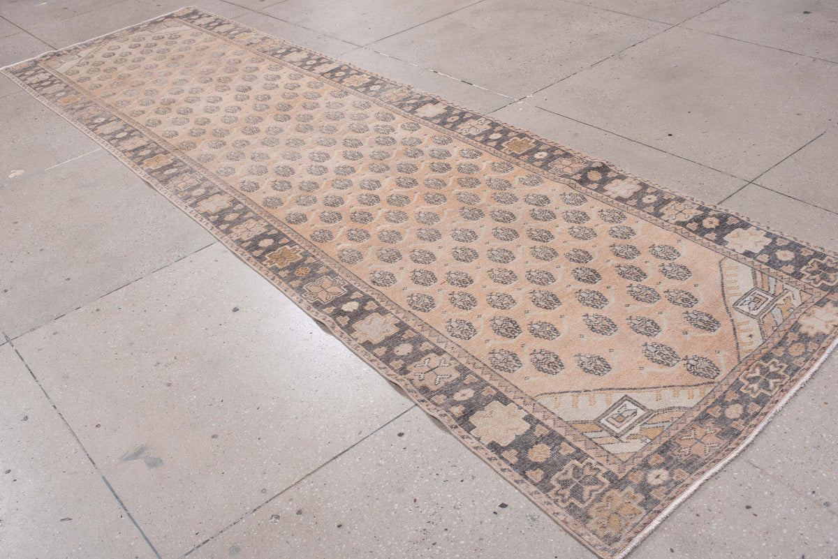 3' x 12' one-of-a-kind handmade antique Anatolian runner rug. Color palette: camel, charcoal, ivory, taupe, tan, slate